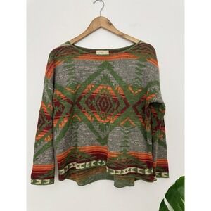 Denim Supply Ralph Lauren Women's Aztec Scoop Neck Sweater Xs Overs Green Orange